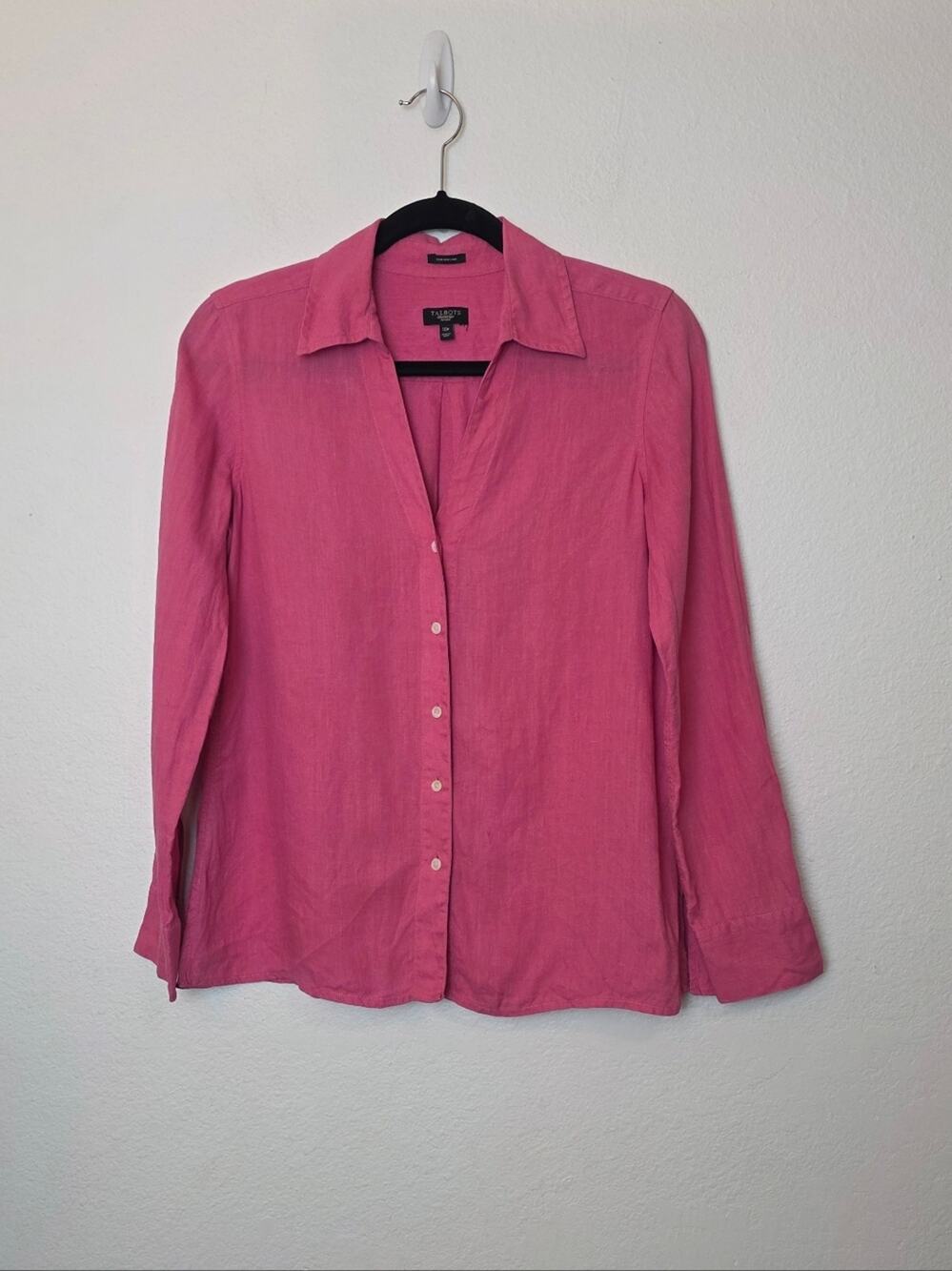 TALBOTS Pink Irish Linen Button Down Shirt Summer Coastal Size 10P PETITE